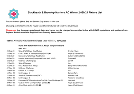 Blackheath & Bromley Harriers AC Winter 2020/21 Fixture List