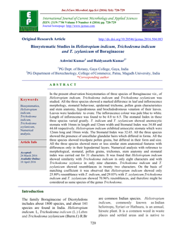 Biosystematic Studies in Heliotropium Indicum, Trichodesma Indicum and T