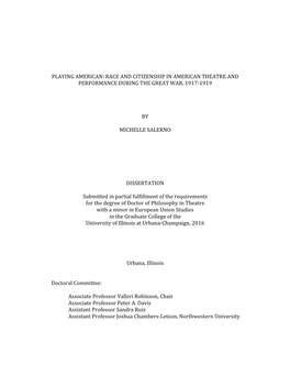 Playing American: Race and Citizenship in American Theatre and Performance During the Great War, 1917-1919