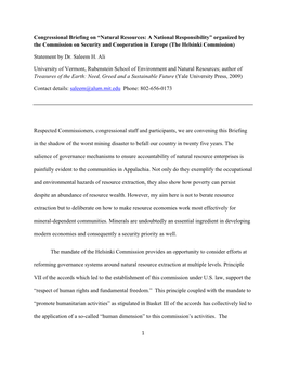 Congressional Briefing on “Natural Resources: a National Responsibility” Organized by the Commission on Security and Cooperation in Europe (The Helsinki Commission)