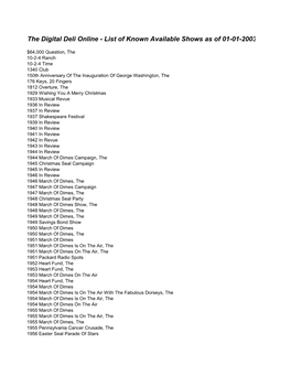 The Digital Deli Online - List of Known Available Shows As of 01-01-2003