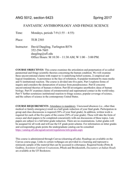 ANG 5012, Section 6423 Spring 2017 FANTASTIC ANTHROPOLOGY and FRINGE SCIENCE