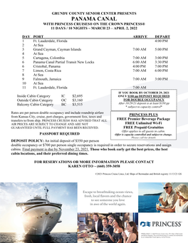 Panama Canal with Princess Cruises® on the Crown Princess® 11 Days / 10 Nights ~ March 23 – April 2, 2022