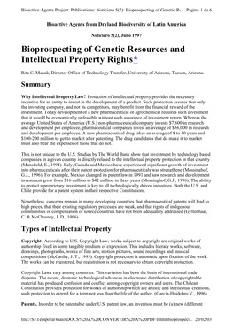 Bioprospecting of Genetic Resources and Intellectual Property Rights*