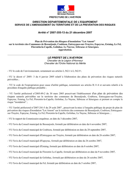 DIRECTION DEPARTEMENTALE DE L'equipement Arrêté N° 2007-355-13 Du 21 Décembre 2007 LE PREFET DE L'aveyron