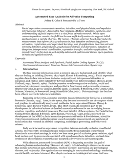 1 Automated Face Analysis for Affective Computing Jeffrey F. Cohn & Fernando De La Torre Abstract Facial Expression