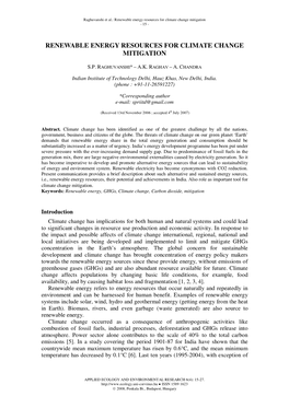 Renewable Energy Resorces for Climate Change Mitigation