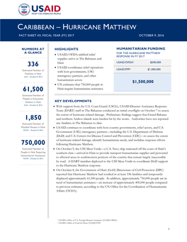 Hurricane Matthew Fact Sheet #3, Fiscal Year (Fy) 2017 October 9, 2016