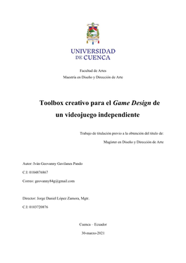 Toolbox Creativo Para El Game Design De Un Videojuego Independiente