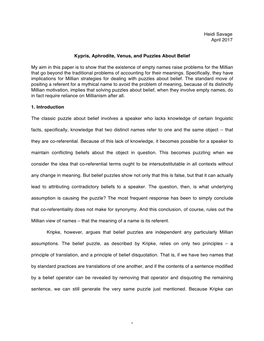 Heidi Savage April 2017 Kypris, Aphrodite, Venus, and Puzzles About Belief My Aim in This Paper Is to Show That the Existence Of