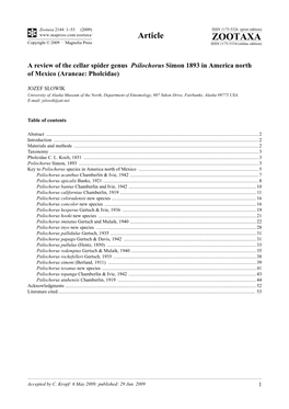 Zootaxa, a Review of the Cellar Spider Genus Psilochorus Simon 1893 In