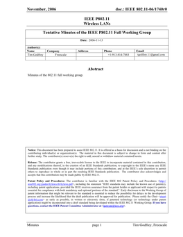 November, 2006 Doc.: IEEE 802.11-06/1740R0 IEEE P802.11 Wireless Lans Tentative