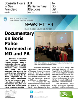 NEWSLETTER Documentary on Boris Pahor Screened in MD and PA