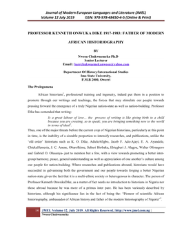 Journal of Modern European Languages and Literature (JMEL) Volume 12 July 2019 ISSN: 978-978-48450-4-5 (Online & Print)