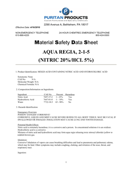 Material Safety Data Sheet AQUA REGIA, 2-1-5 (NITRIC 20%/HCL 5%)