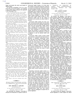 CONGRESSIONAL RECORD — Extensions of Remarks March 13, 2003 Happy and Decent Life Which Was Denied to Community Health Centers