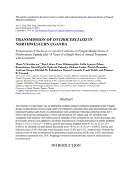 Transmission of Onchocerciasis in Northwestern Uganda