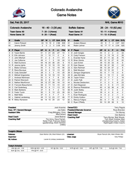 Colorado Avalanche Game Notes