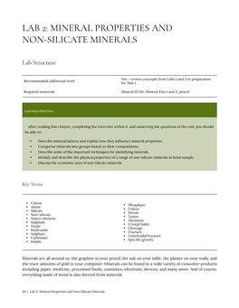 Lab 2 – Mineral Properties and Non-Silicate Minerals