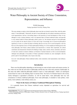 Water Philosophy in Ancient Society of China: Connotation, Representation, and Influence