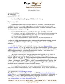 February 4, 2008, Letter to Governor Palin