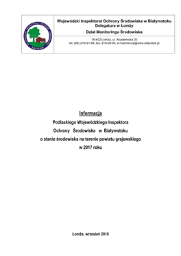 Informacja Podlaskiego Wojewódzkiego Inspektora Ochrony Środowiska W Białymstoku O Stanie Środowiska Na Terenie Powiatu Grajewskiego W 2017 Roku