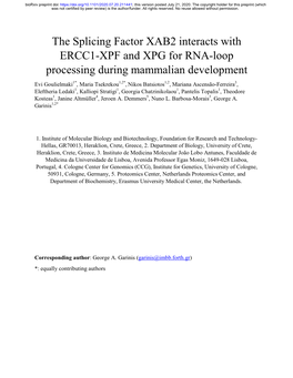 The Splicing Factor XAB2 Interacts with ERCC1-XPF and XPG for RNA-Loop Processing During Mammalian Development