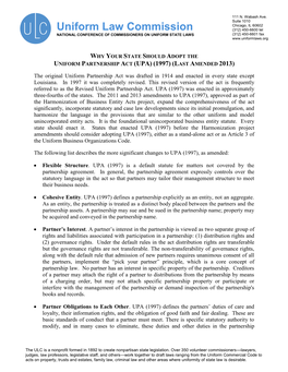 Uniform Partnership Act (Upa) (1997) (Last Amended 2013)