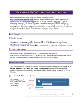 Researcher ID/Publons – 2019 Instructions