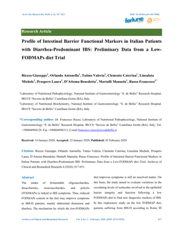 Profile of Intestinal Barrier Functional Markers in Italian Patients with Diarrhea-Predominant IBS: Preliminary Data from a Low- Fodmaps Diet Trial