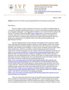 SVP's Letter to Editors of Journals and Publishers on Burmese Amber And