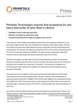 Primetals Technologies Receives Final Acceptance for New Heavy Downcoiler at Ilyich Steel in Ukraine