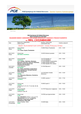 TEL. 991, (22)3404100 Nazwy Ulic, Miejscowo Ść , Numery I Nazwy Stacji Data Godziny Wył Ącze Ń Obszar, Gmina (Ewentualnie Opis)