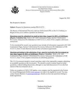 August 06, 2021 To: Prospective Quoters Subject: Request for Quotations Number PR10122572 the Bureau of International Narcotics