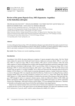 Review of the Genus Dopasia Gray, 1853 (Squamata: Anguidae) in the Indochina Subregion