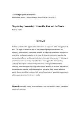 Negotiating Uncertainty: Asteroids, Risk and the Media Felicity Mellor