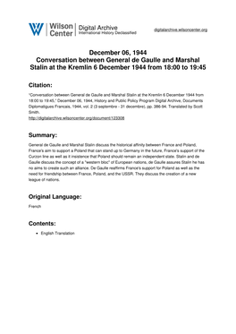 December 06, 1944 Conversation Between General De Gaulle and Marshal Stalin at the Kremlin 6 December 1944 from 18:00 to 19:45