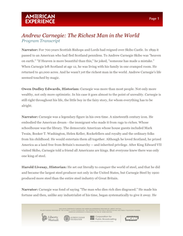Andrew Carnegie: the Richest Man in the World Program Transcript