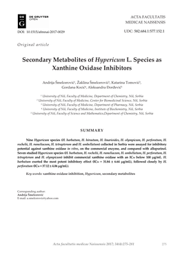 Secondary Metabolites of Hypericum L. Species As Xanthine Oxidase Inhibitors