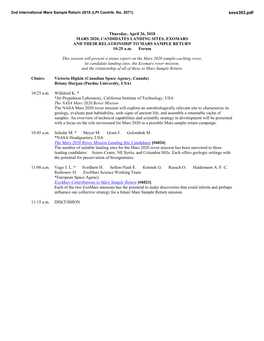 MARS 2020, CANDIDATES LANDING SITES, EXOMARS and THEIR RELATIONSHIP to MARS SAMPLE RETURN 10:25 A.M