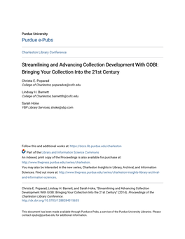 Streamlining and Advancing Collection Development with GOBI: Bringing Your Collection Into the 21St Century