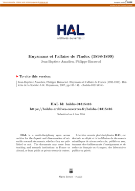 Huysmans Et L'affaire De L'index (1898-1899)