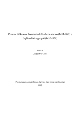 Comune Di Stenico. Inventario Dell'archivio Storico 1433-…