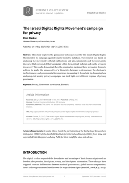 The Israeli Digital Rights Movement's Campaign for Privacy Efrat Daskal Hebrew University of Jerusalem, Israel