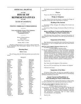 House of Representatives Follows: State Capitol Baton Rouge, Louisiana Suspension of the Rules