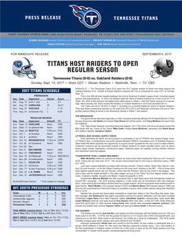 TITANS Host Raiders to Open Regular Season Tennessee Titans (0-0) Vs