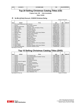 Top 20 Selling Christmas Catalog Titles (CD) Program Code: C08 Order Immediately Ships: 9/22/08