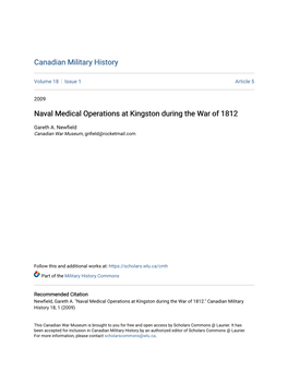 Naval Medical Operations at Kingston During the War of 1812