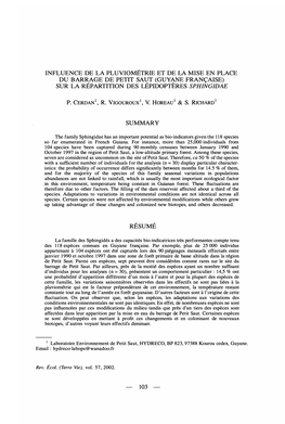 Influence De La Pluviométrie Et De La Mise En Place Du Barrage De Petit Saut (Guyane Française) Sur La Répartition Des Lépidoptères Sphingidae