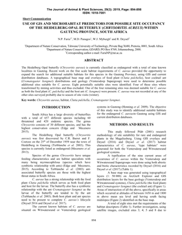 Use of Gis and Microhabitat Predictors for Possible Site Occupancy of the Heidelberg Opal Butterfly (Chrysoritis Aureus) Within Gauteng Province, South Africa